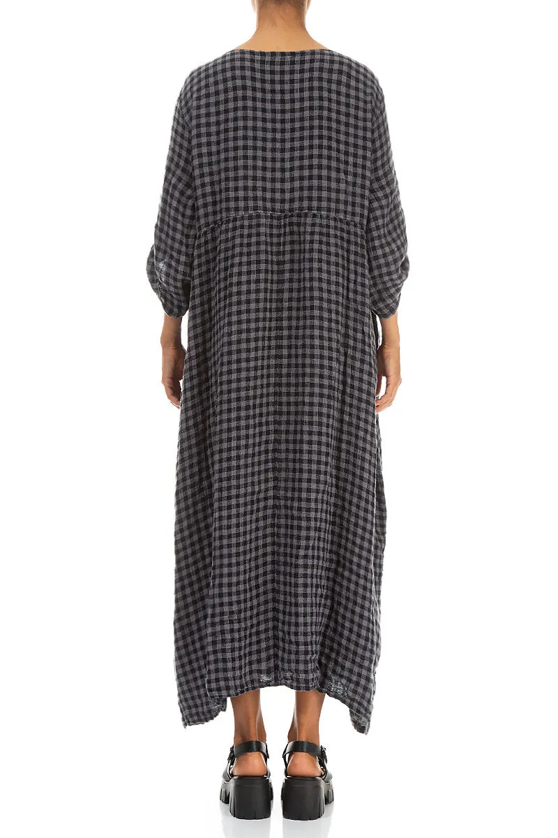 Buttoned Grey Check Linen Dress
