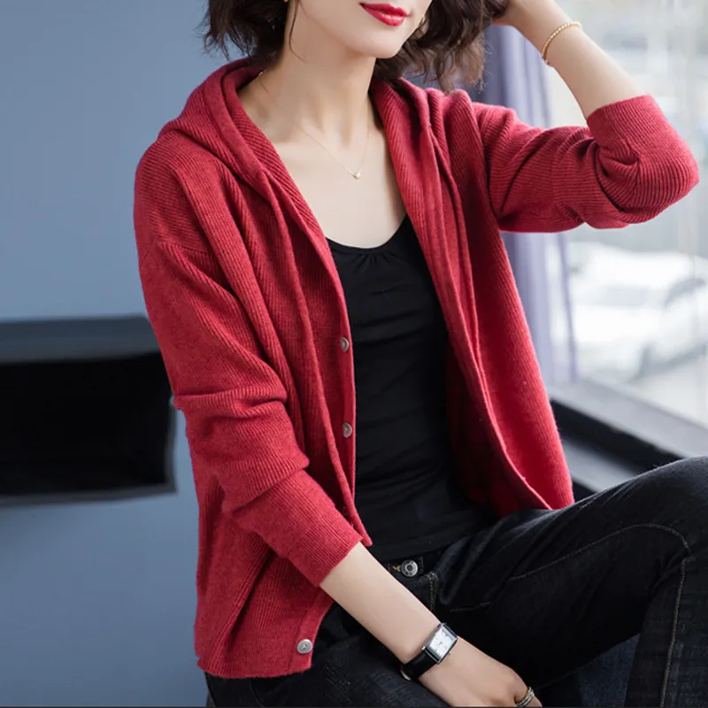 Casual Solid Color Hooded Knit Cardigan