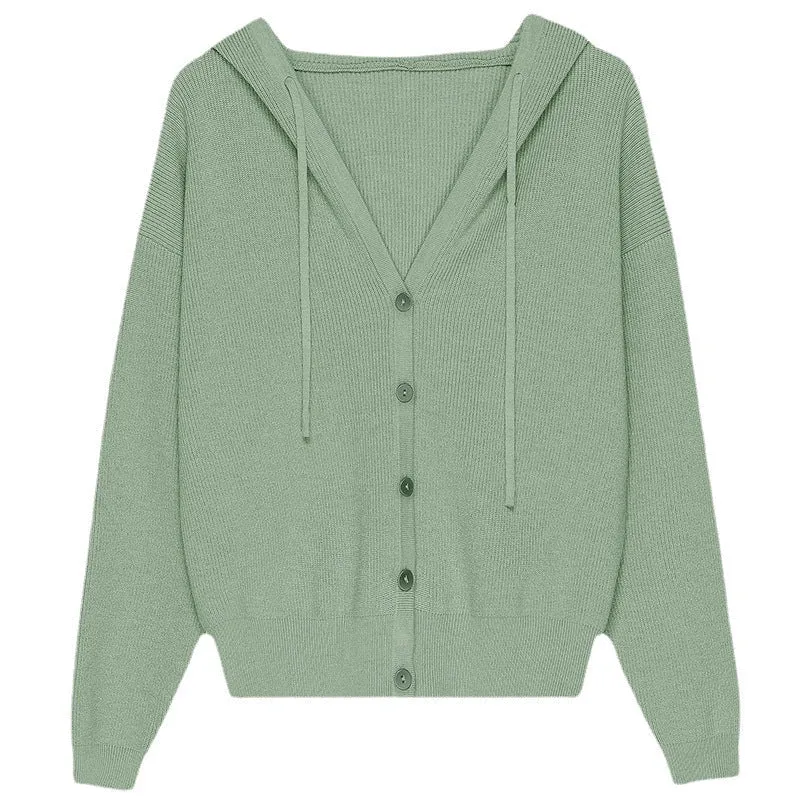 Casual Solid Color Hooded Knit Cardigan