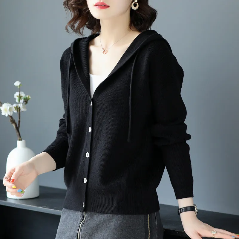 Casual Solid Color Hooded Knit Cardigan