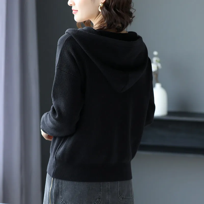 Casual Solid Color Hooded Knit Cardigan