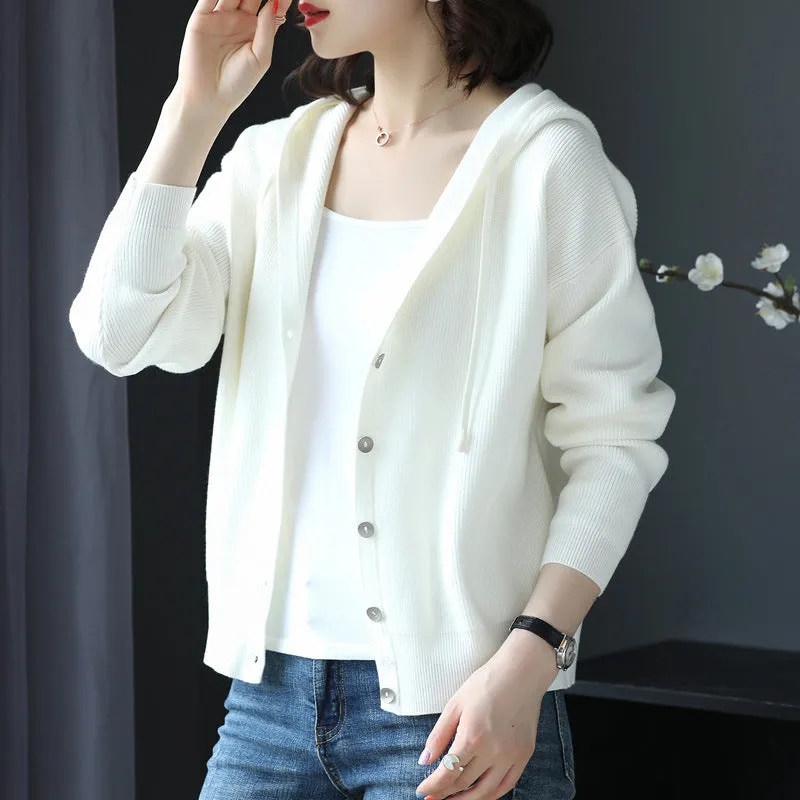 Casual Solid Color Hooded Knit Cardigan