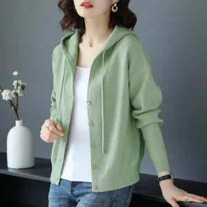 Casual Solid Color Hooded Knit Cardigan