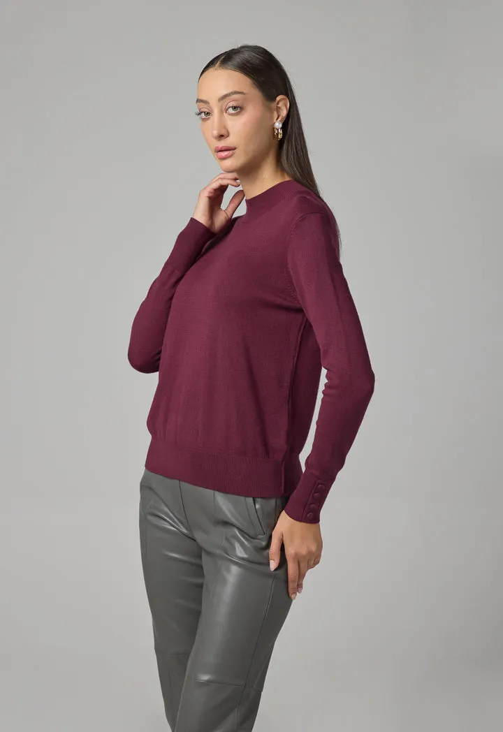 Choice High Round Neck Knitted Basic Blouse Burgundy