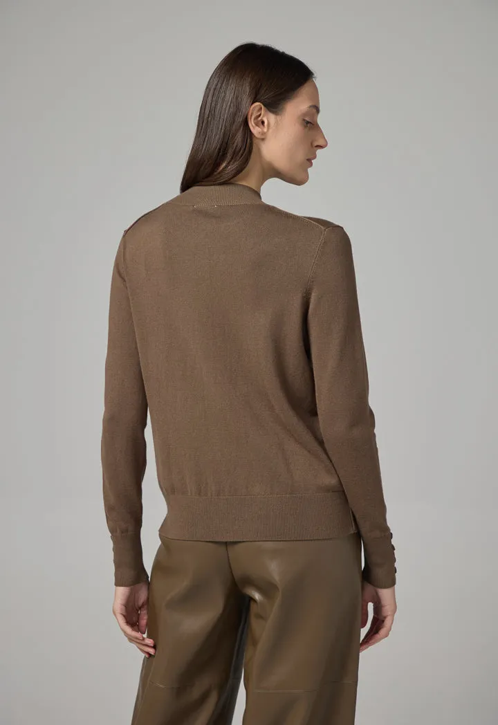 Choice High Round Neck Knitted Basic Blouse Khaki