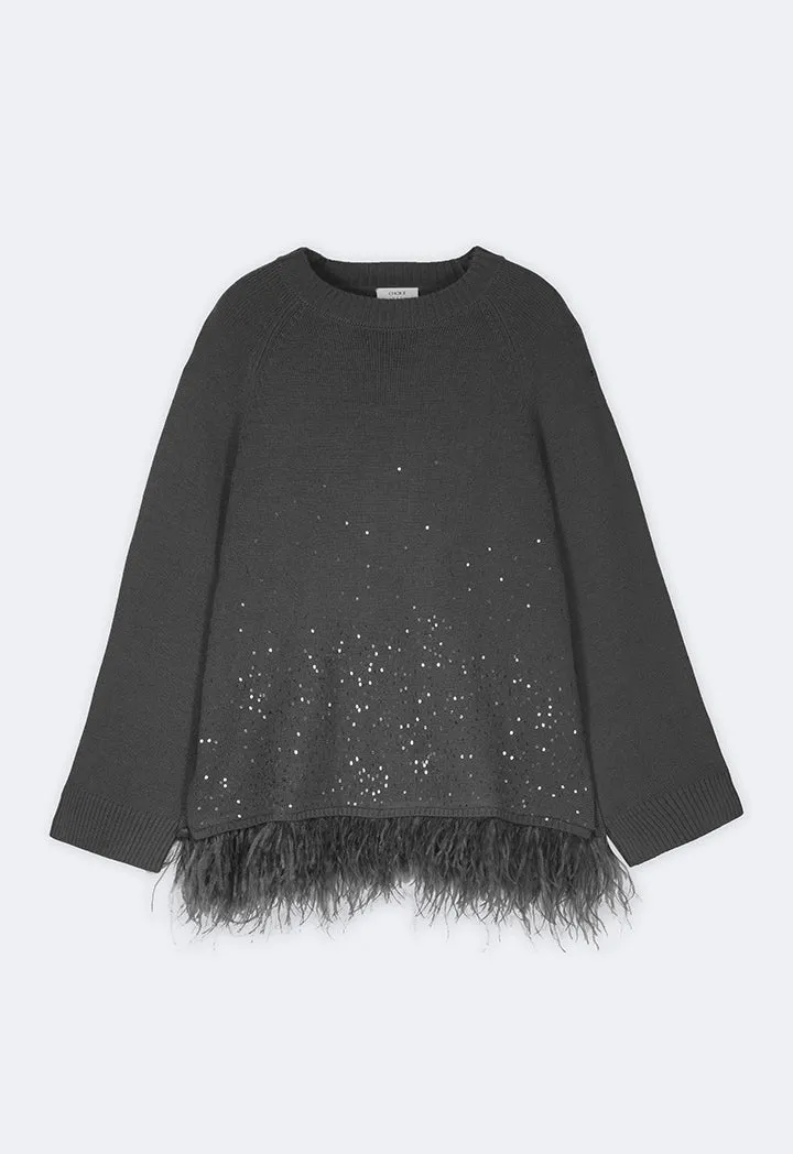 Choice Knitted Tweed Feather Details Sweater  Grey
