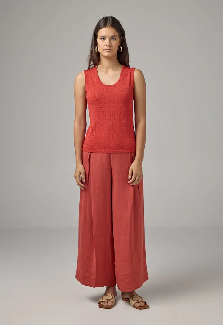 Choice Sleeveless Crystal Embellished Knitted Top Red