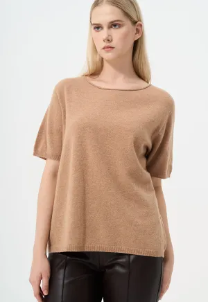 Choice Solid Short Sleeves Knitted Top Camel