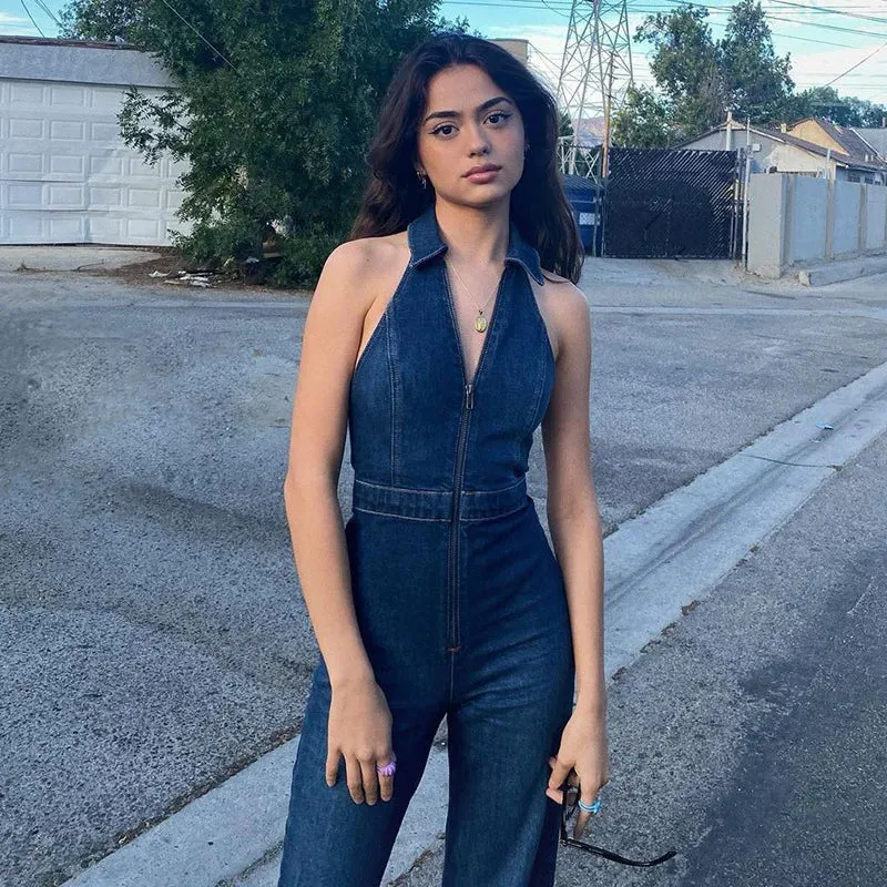 Denim Jumpsuit V Neck Zipper Bell Sleeveless Sexy Outifts Elegant Backpacker  Party Summer