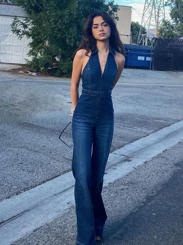 Denim Jumpsuit V Neck Zipper Bell Sleeveless Sexy Outifts Elegant Backpacker  Party Summer