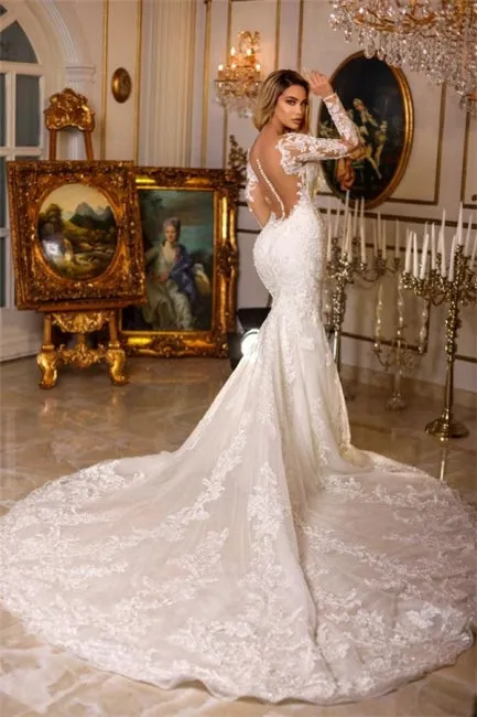 Elegant Long Mermaid V-neck Lace Wedding Dresses With Long Sleeves