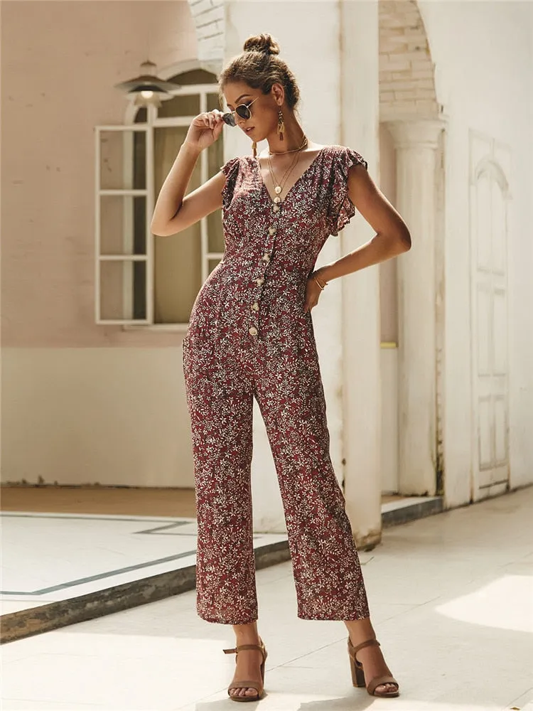 Elegant Print Jumpsuits Women Full Length Loose Casual Ruffles Jumpsuits
