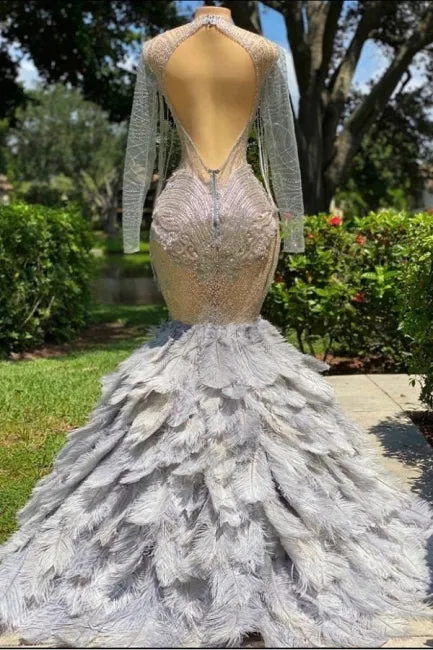 Fabulous Grey Sequined Beading Feather Mermaid Long Sleeves Tulle Prom Dress