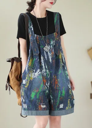 Fashion Blue Oversized Tie Dye Denim Jumpsuits Ripped Shorts Summer