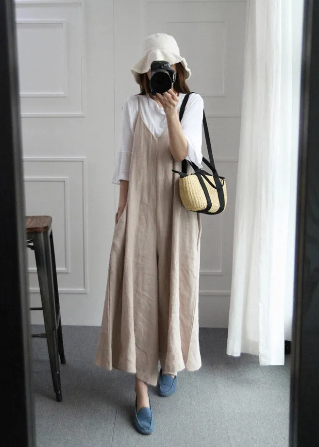 Fine Beige V Neck Pockets Spaghetti Strap Jumpsuit Pants Summer