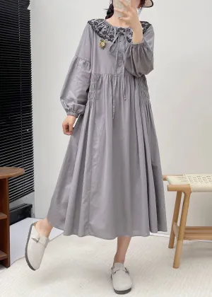 FLYTONN- Simple Grey Peter Pan Collar Patchwork Wrinkled Vacation Long Dresses Long Sleeve BV021