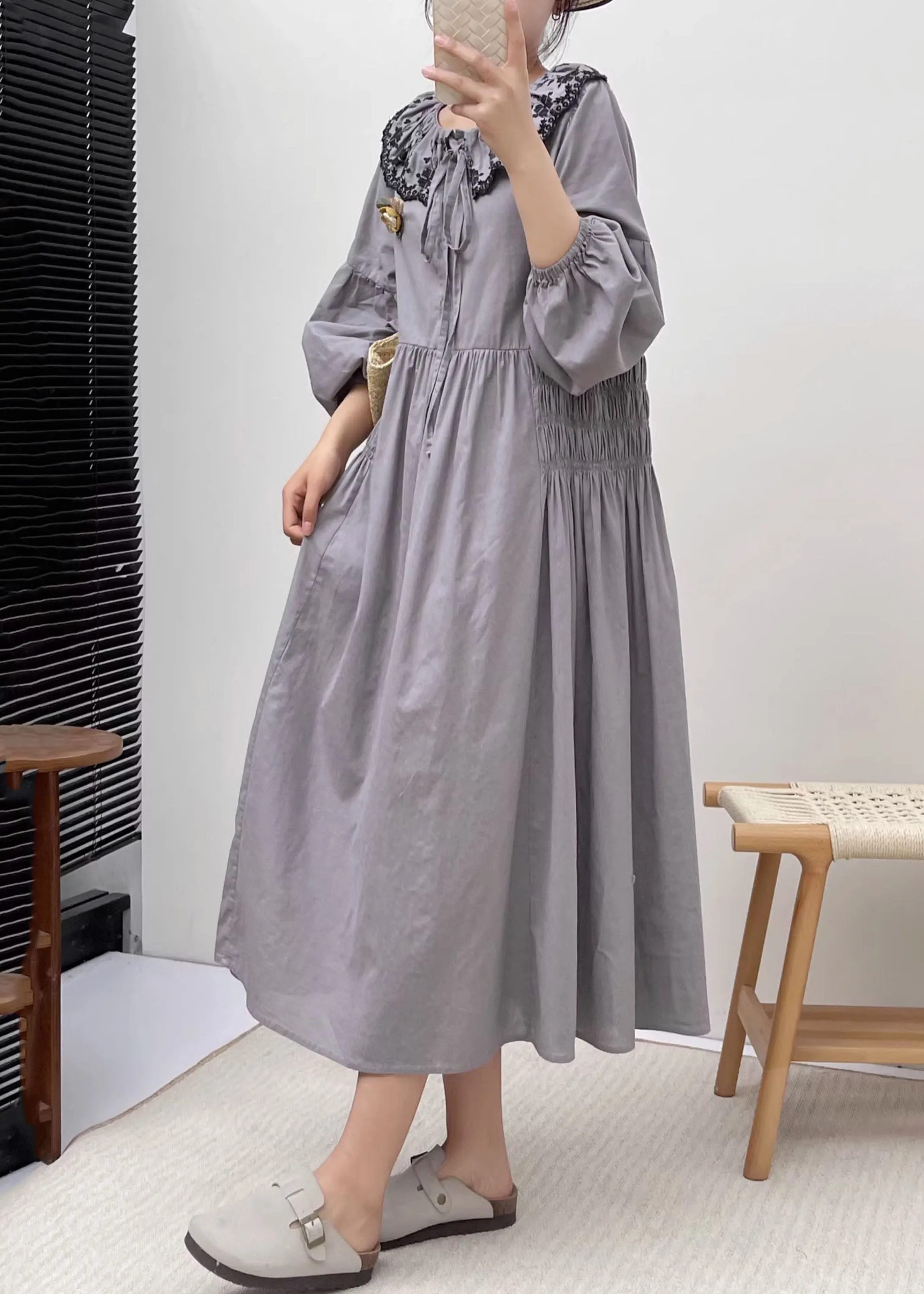 FLYTONN- Simple Grey Peter Pan Collar Patchwork Wrinkled Vacation Long Dresses Long Sleeve BV021