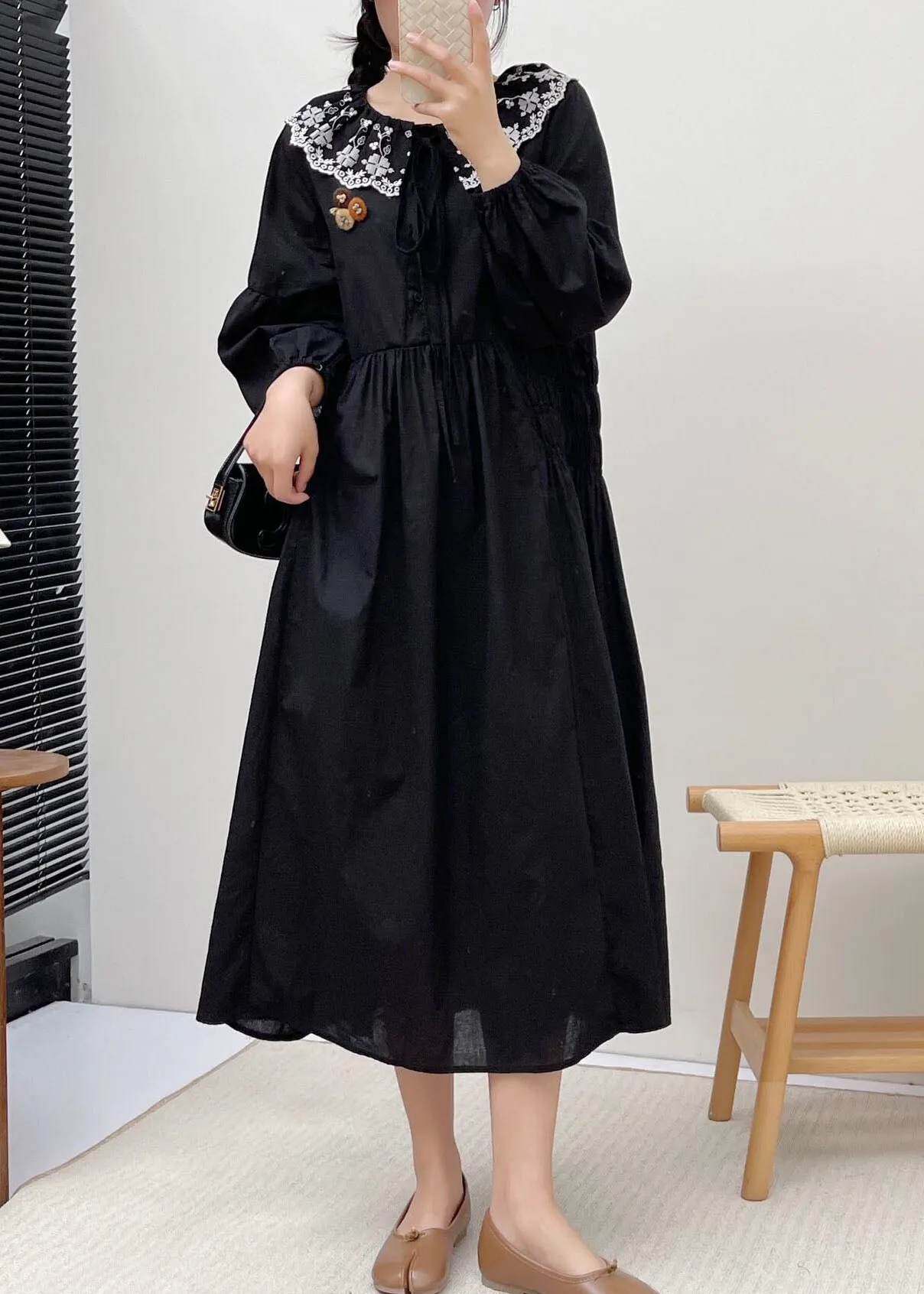 FLYTONN- Simple Grey Peter Pan Collar Patchwork Wrinkled Vacation Long Dresses Long Sleeve BV021