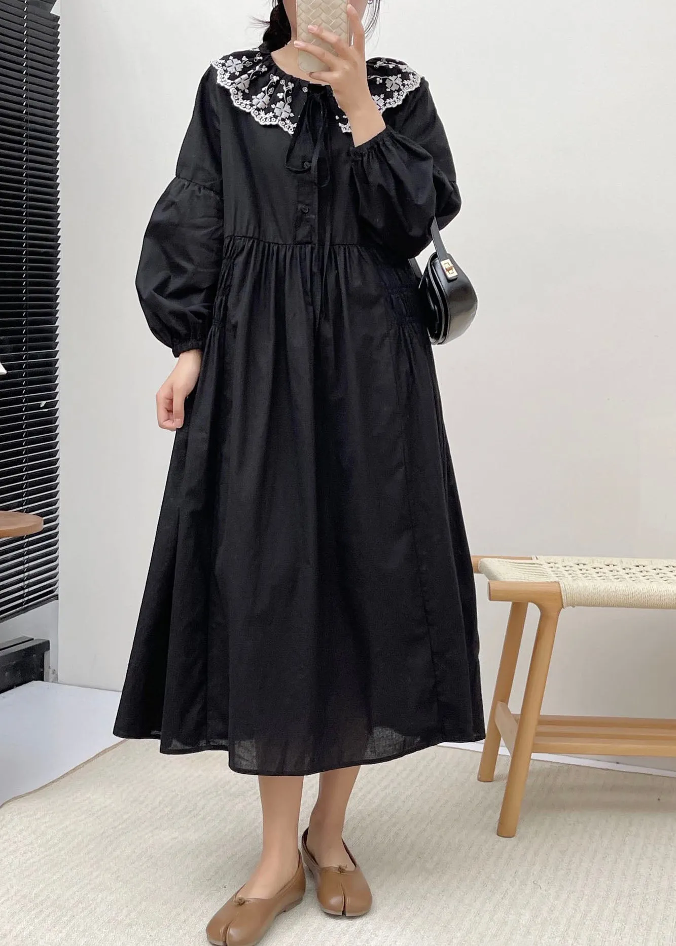 FLYTONN- Simple Grey Peter Pan Collar Patchwork Wrinkled Vacation Long Dresses Long Sleeve BV021