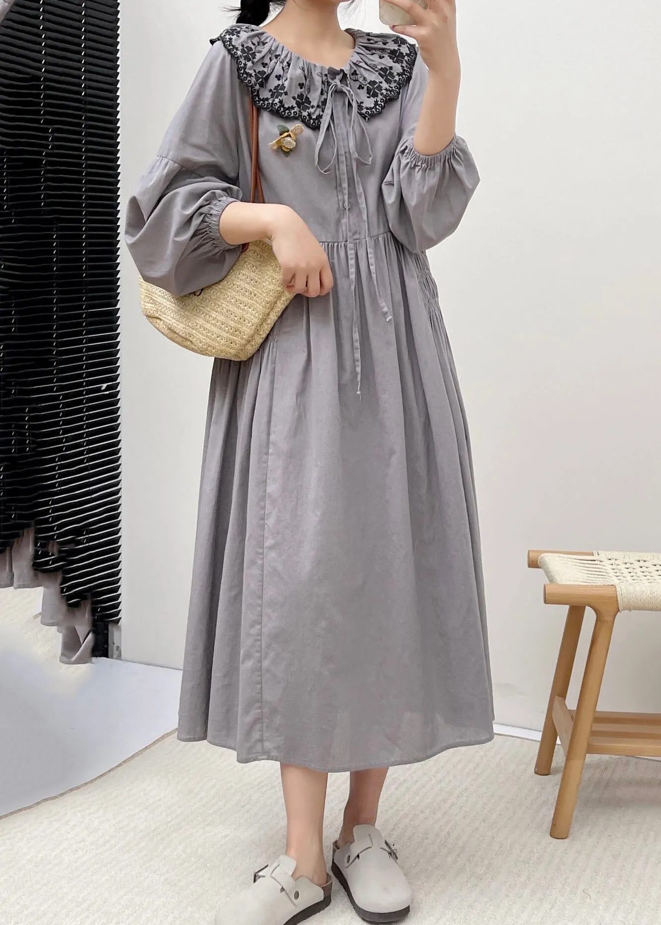 FLYTONN- Simple Grey Peter Pan Collar Patchwork Wrinkled Vacation Long Dresses Long Sleeve BV021
