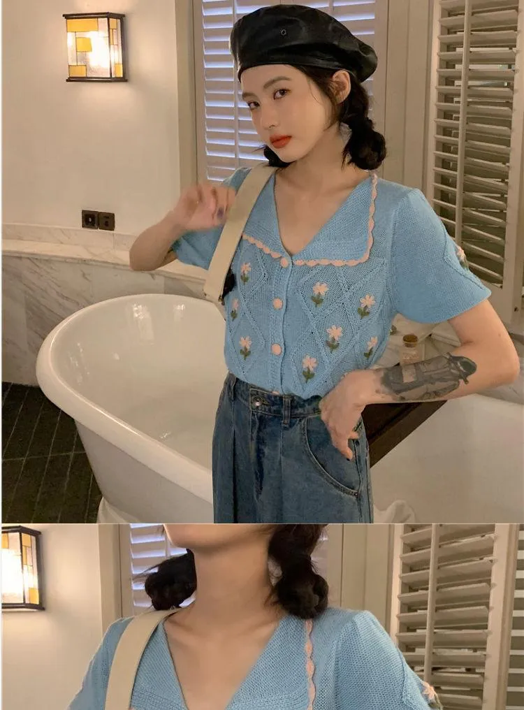 French Thin Short Sleeved Western-style Knitwear For Women