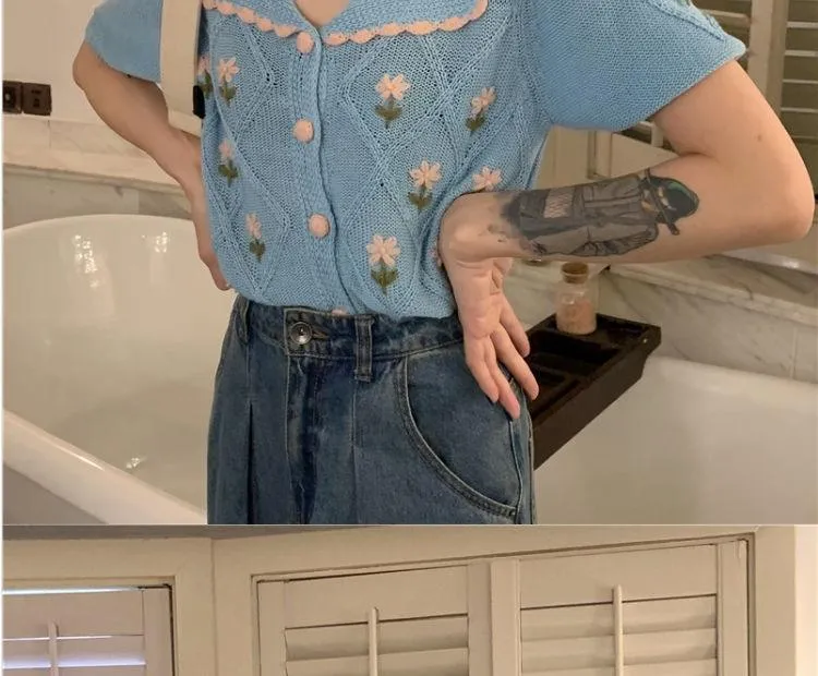French Thin Short Sleeved Western-style Knitwear For Women