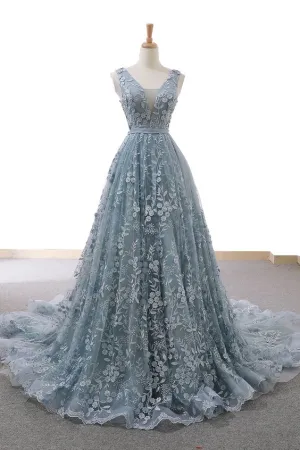 Gorgeous A-line Grey Lace Appliques Long Prom Gown KS4543