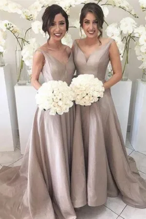 Gray/Grey Simple V Neck Long Bridesmaid Dresses