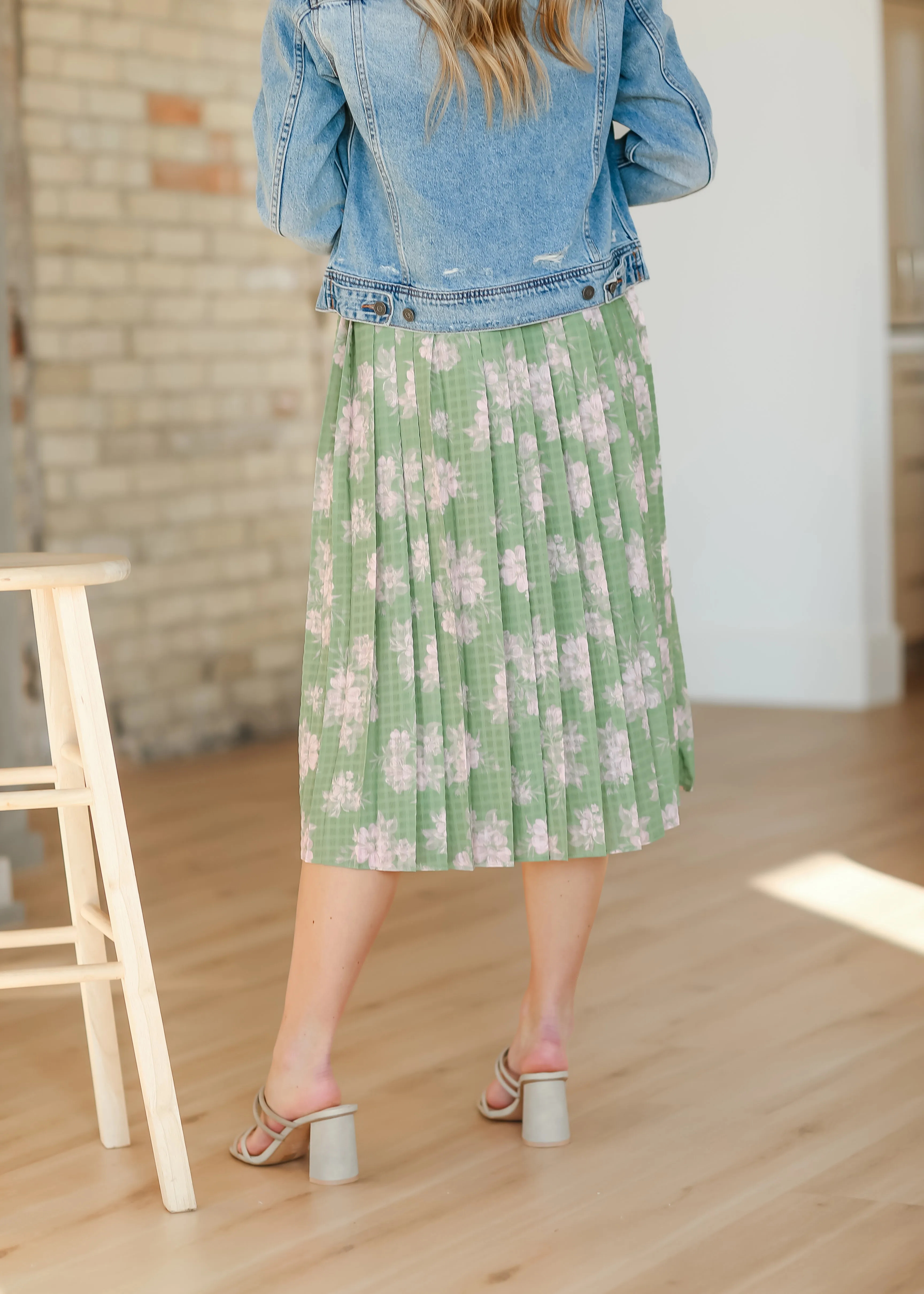 Green Floral Pleated Midi Skirt