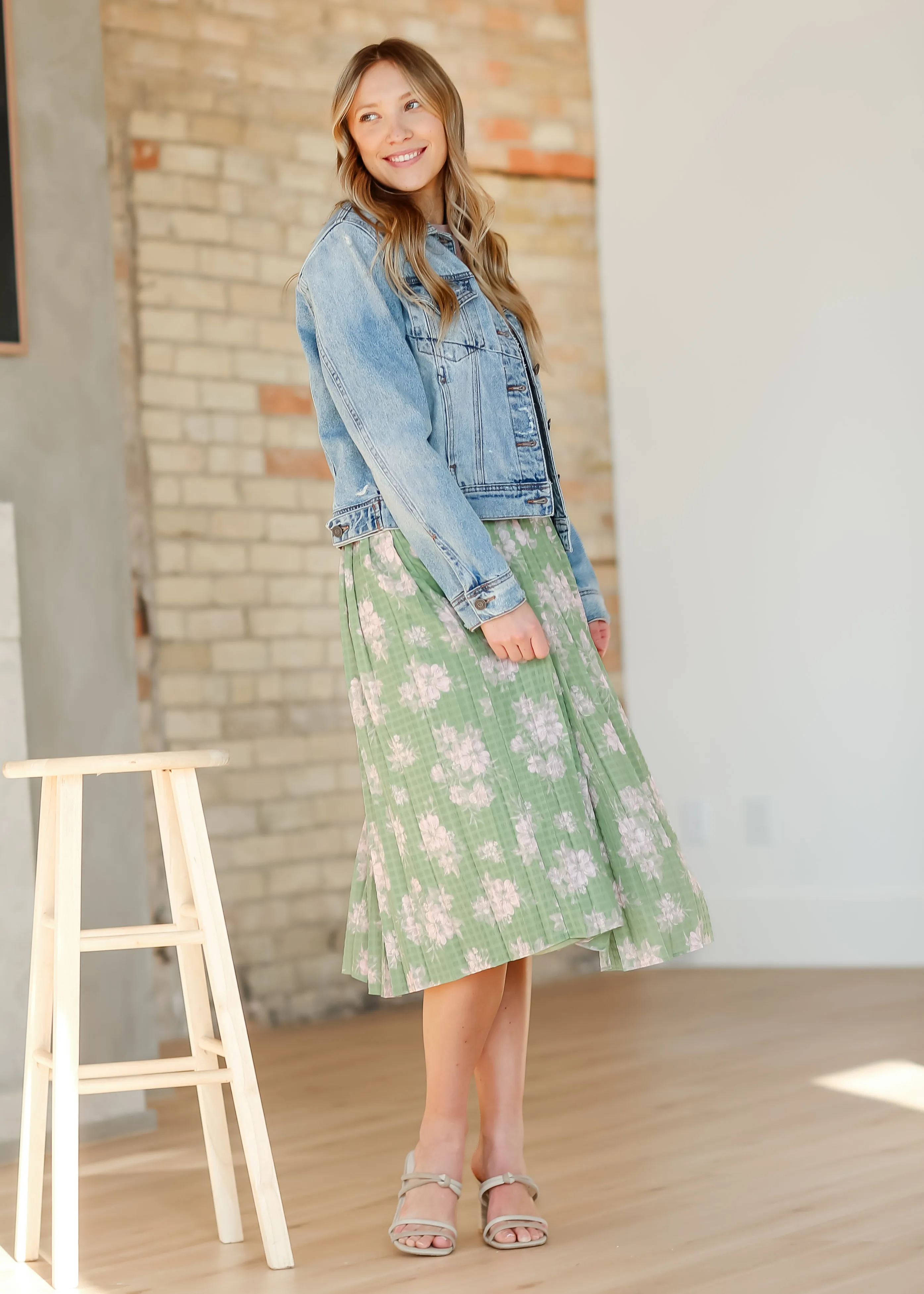 Green Floral Pleated Midi Skirt