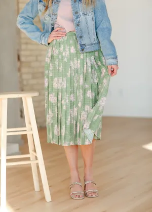Green Floral Pleated Midi Skirt