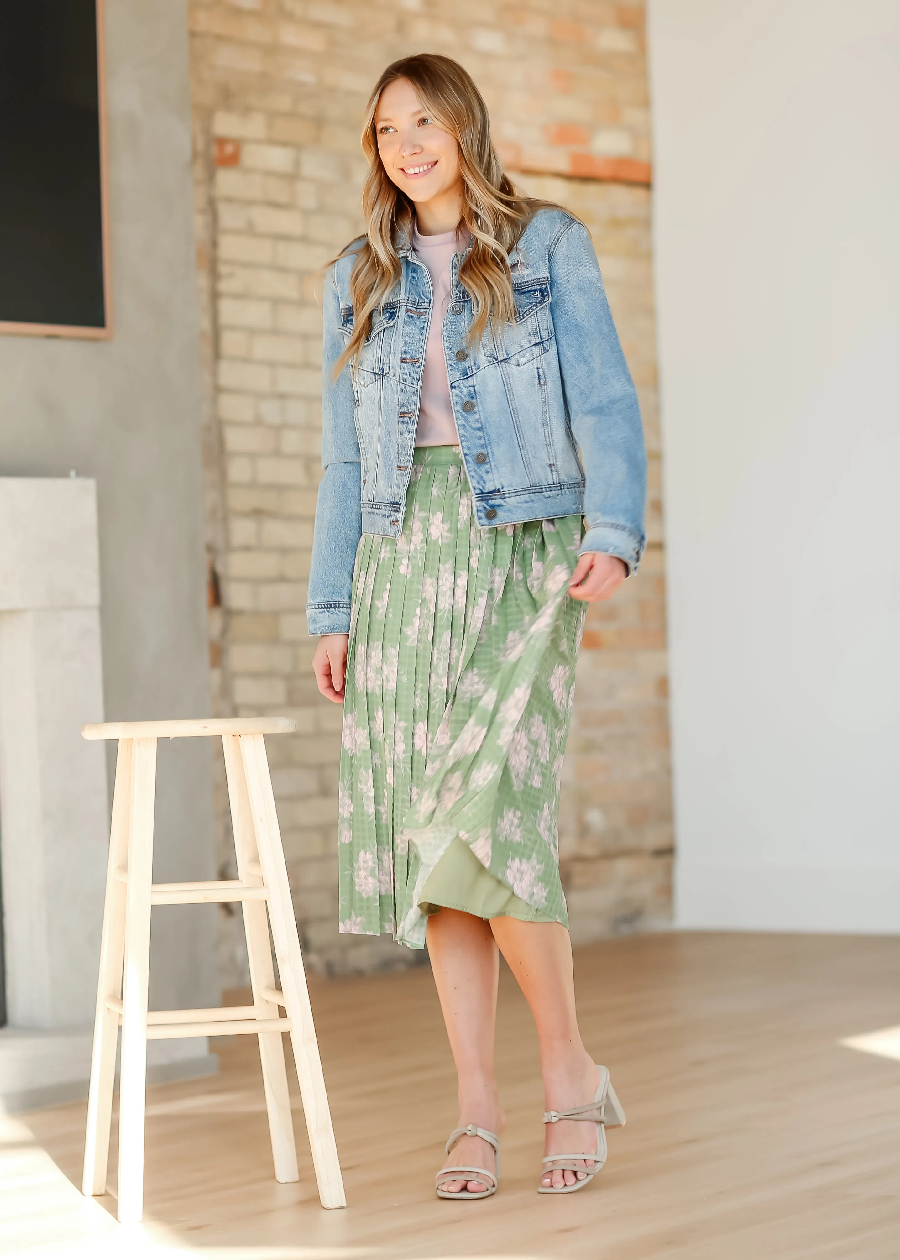 Green Floral Pleated Midi Skirt