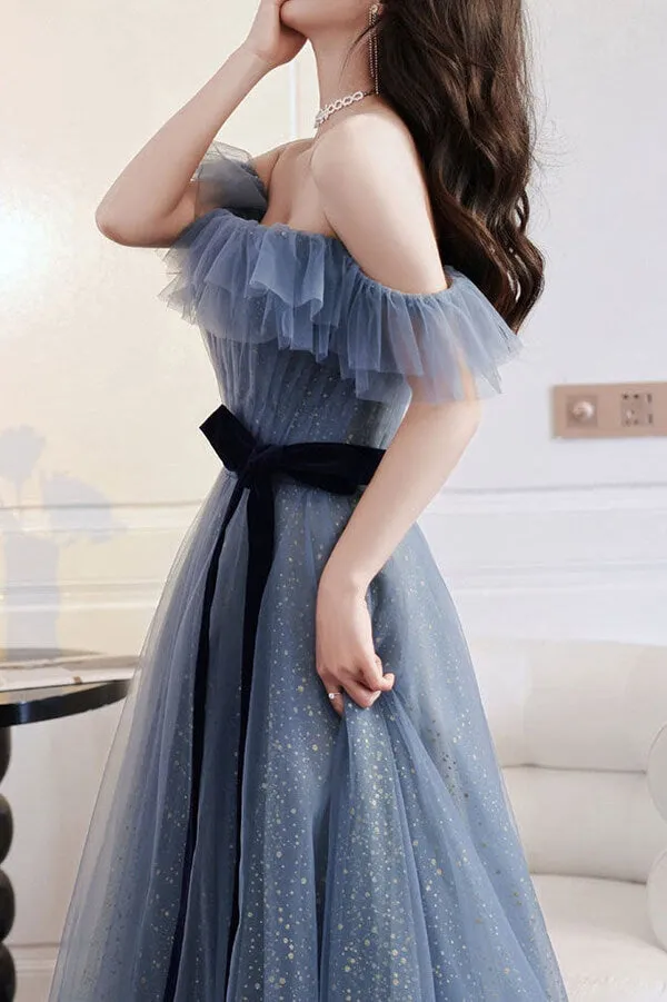 Grey Blue Tulle A-line Off Shoulder Prom Dresses, Long Formal Dresses, SP788