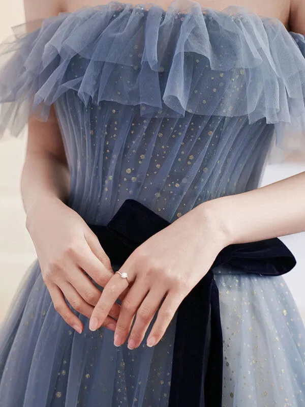 Grey Blue Tulle A-line Off Shoulder Prom Dresses, Long Formal Dresses, SP788