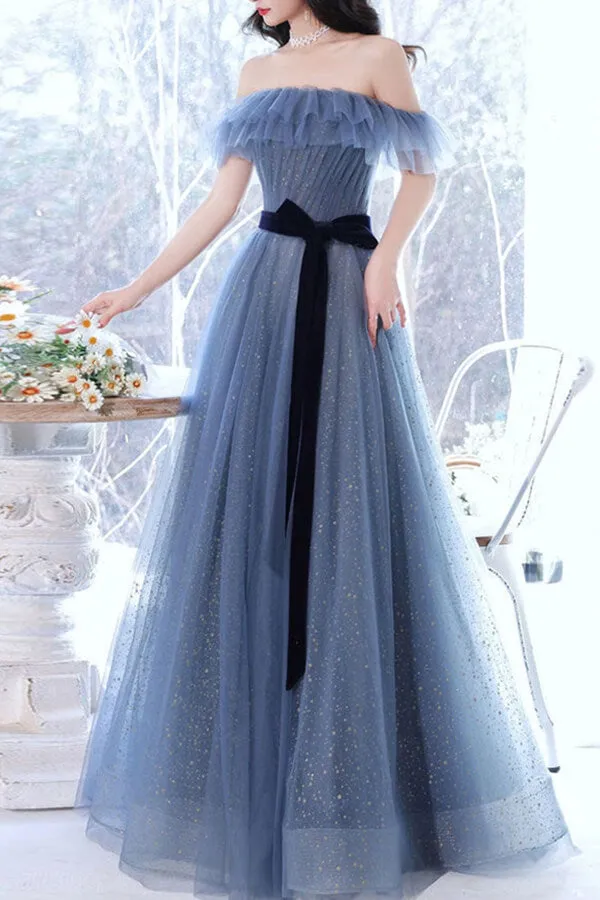 Grey Blue Tulle A-line Off Shoulder Prom Dresses, Long Formal Dresses, SP788