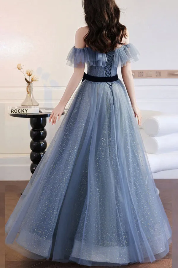Grey Blue Tulle A-line Off Shoulder Prom Dresses, Long Formal Dresses, SP788