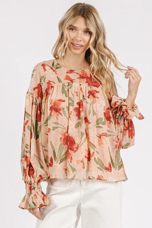 Hazel Blues® |  Mittoshop Floral Round Neck Flounce Sleeve Blouse