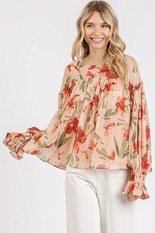Hazel Blues® |  Mittoshop Floral Round Neck Flounce Sleeve Blouse
