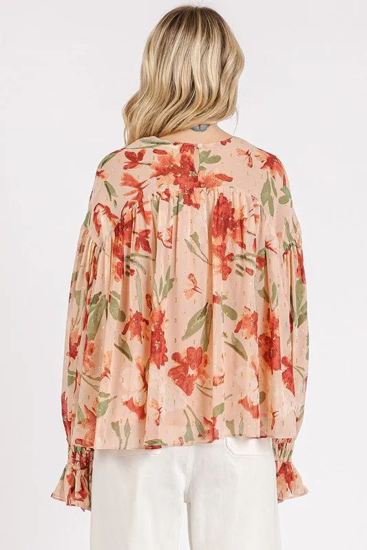 Hazel Blues® |  Mittoshop Floral Round Neck Flounce Sleeve Blouse