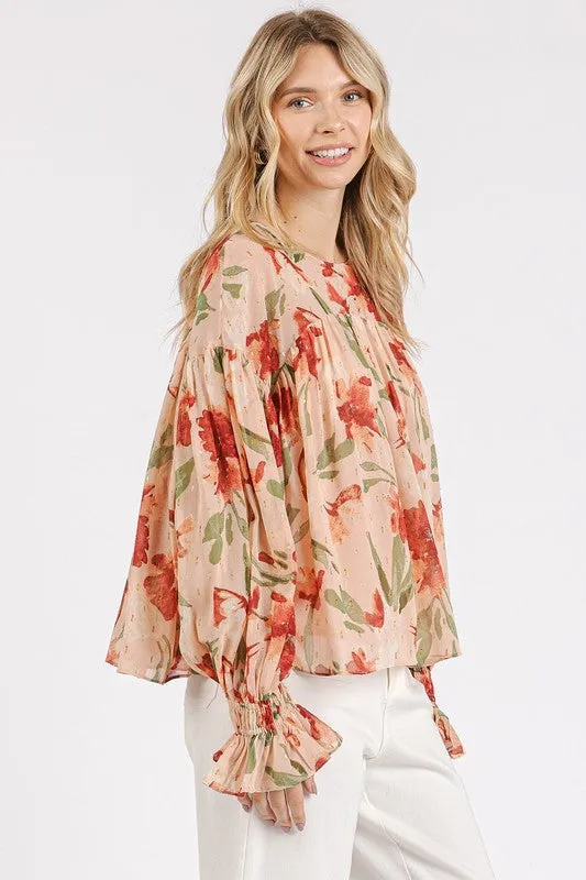 Hazel Blues® |  Mittoshop Floral Round Neck Flounce Sleeve Blouse