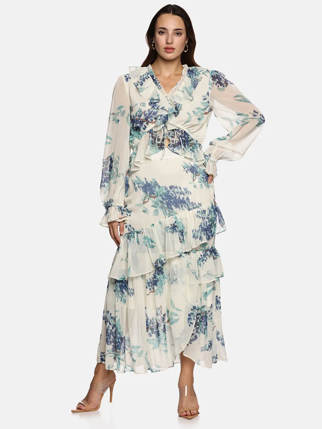 IS.U Floral White V-Neck Blouson Sleeve Top