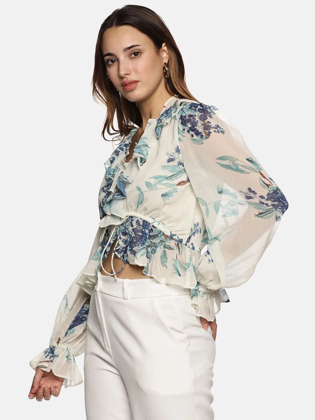 IS.U Floral White V-Neck Blouson Sleeve Top