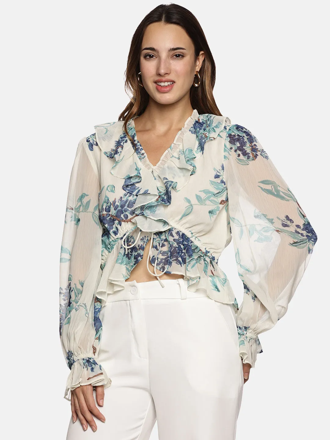 IS.U Floral White V-Neck Blouson Sleeve Top