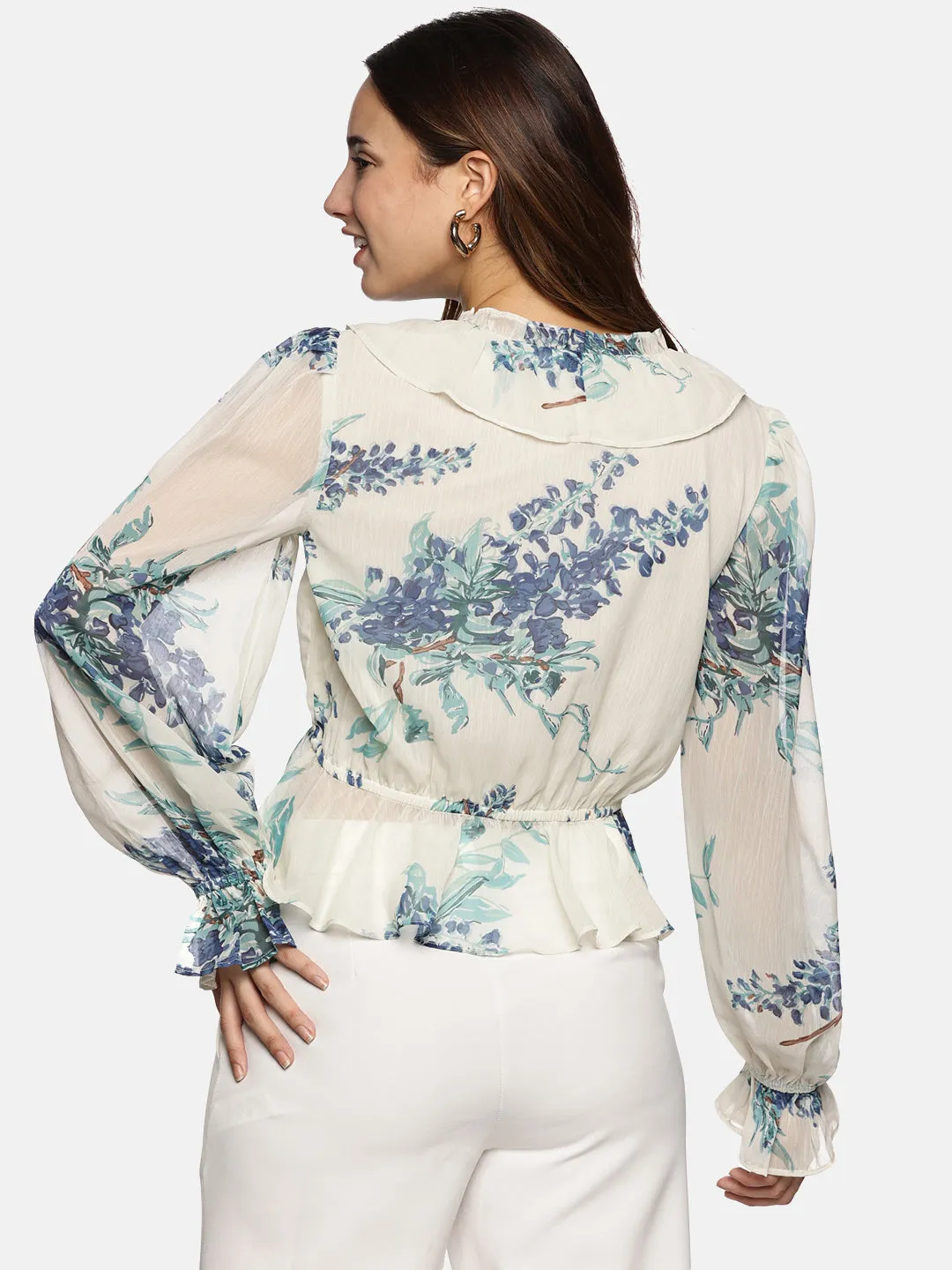 IS.U Floral White V-Neck Blouson Sleeve Top