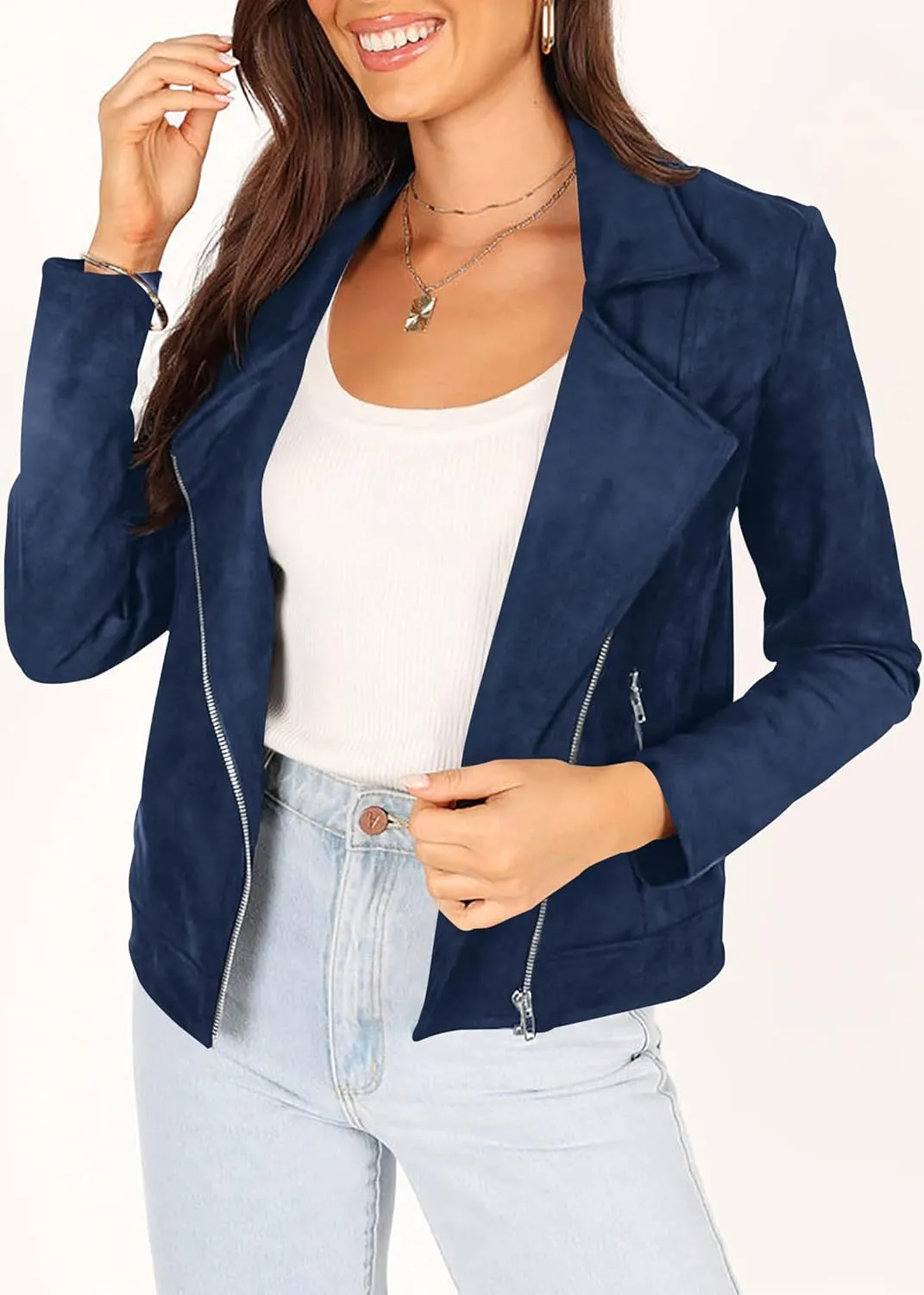 KIRUNDO Womens Faux Suede Jacket 2024 Fall Winter Clothes Casual Zipper Cropped Coat Bomber Biker Moto Jackets Outwear
