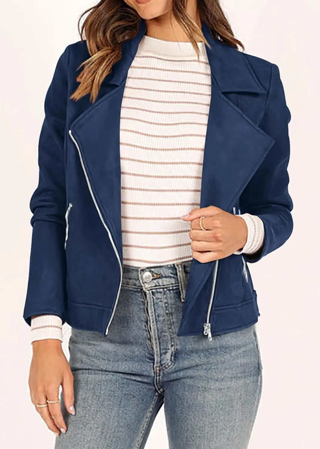 KIRUNDO Womens Faux Suede Jacket 2024 Fall Winter Clothes Casual Zipper Cropped Coat Bomber Biker Moto Jackets Outwear