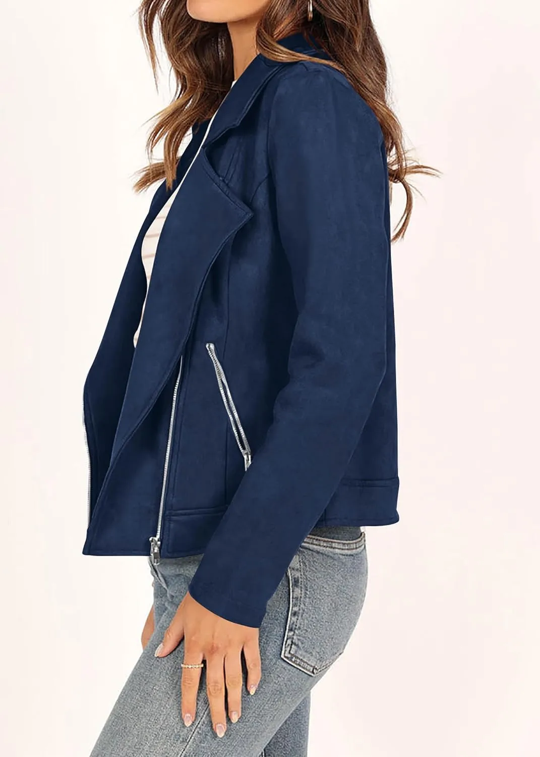 KIRUNDO Womens Faux Suede Jacket 2024 Fall Winter Clothes Casual Zipper Cropped Coat Bomber Biker Moto Jackets Outwear