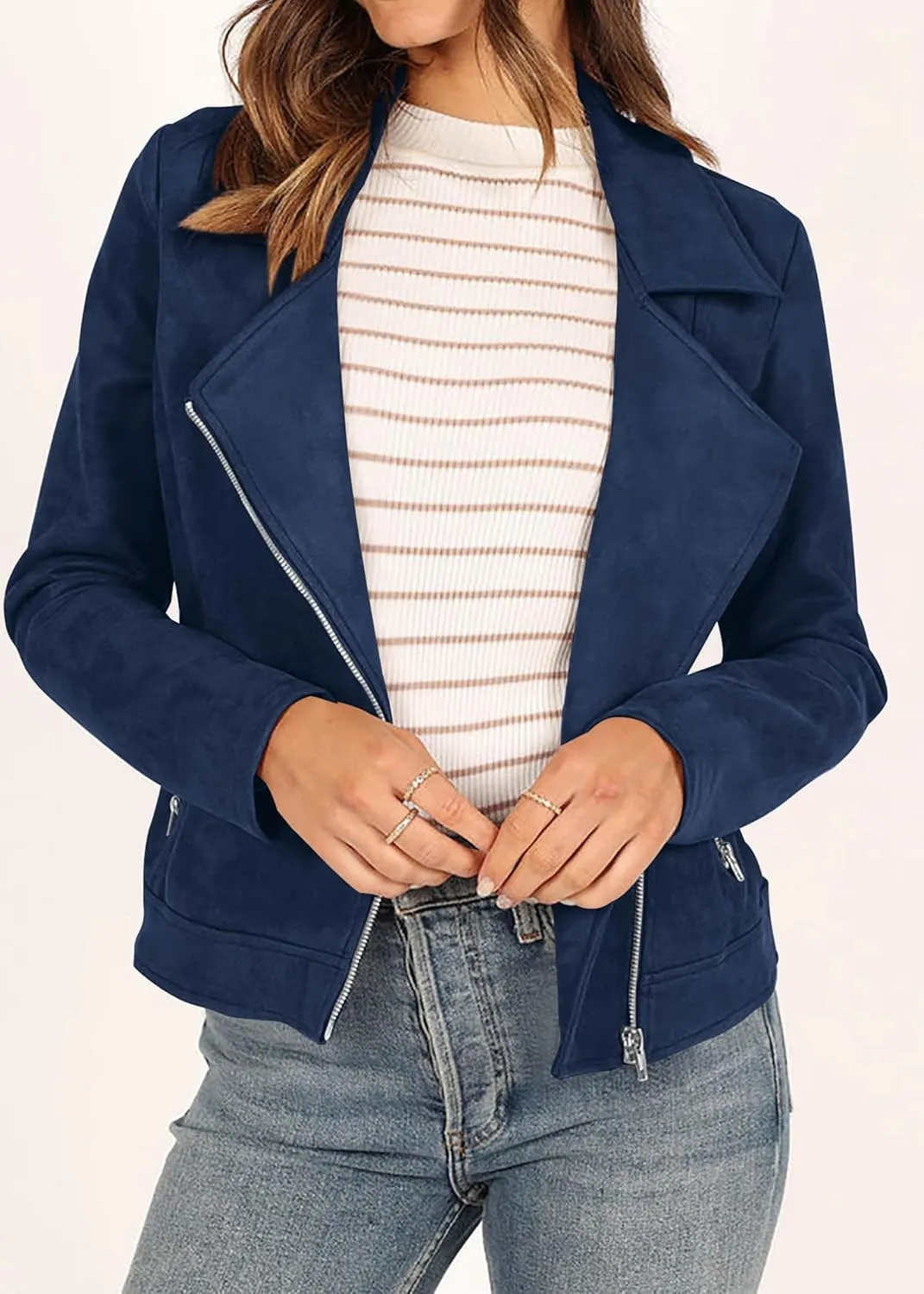 KIRUNDO Womens Faux Suede Jacket 2024 Fall Winter Clothes Casual Zipper Cropped Coat Bomber Biker Moto Jackets Outwear