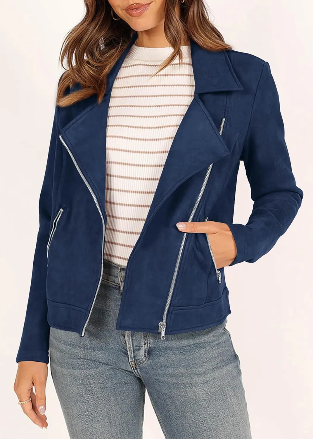 KIRUNDO Womens Faux Suede Jacket 2024 Fall Winter Clothes Casual Zipper Cropped Coat Bomber Biker Moto Jackets Outwear