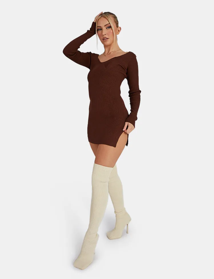 Knitted Off Shoulder Mini Dress Chocolate